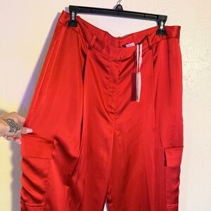 Alex Marie Vibrant Red Satin Cargo Baggy Trousers